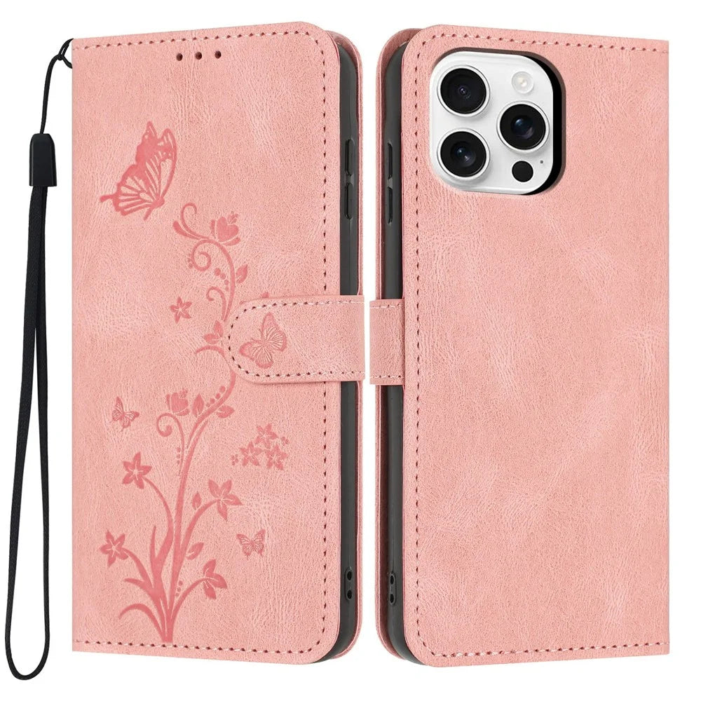 For iPhone 16 Pro Wallet Case Butterfly Flower Imprint PU Leather Phone Cover with Wrist Strap - Pink - 1