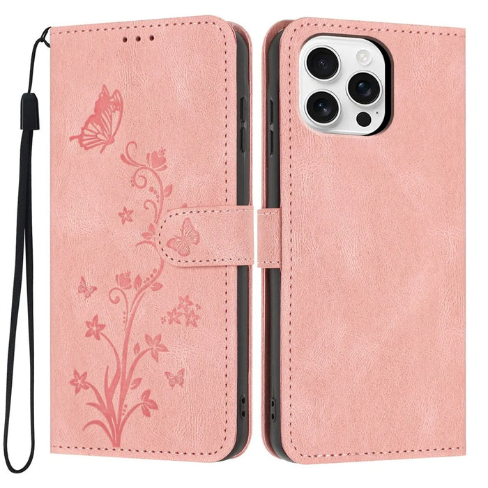 For iPhone 16 Pro Wallet Case Butterfly Flower Imprint PU Leather Phone Cover with Wrist Strap - Pink - 1