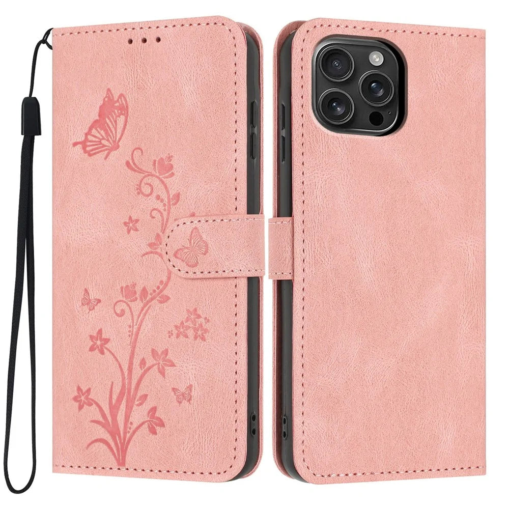 For iPhone 16 Pro Max Wallet Case Butterfly Flower Imprint PU Leather Phone Cover with Wrist Strap - Pink - 1