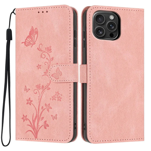 For iPhone 16 Pro Max Wallet Case Butterfly Flower Imprint PU Leather Phone Cover with Wrist Strap - Pink - 1