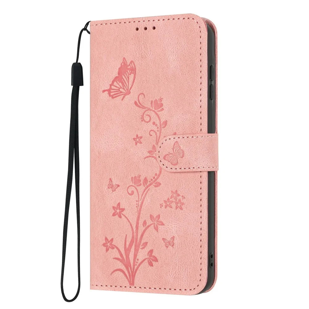 For iPhone 18 Pro Max / 17 Pro Max Wallet Case Butterfly Flower Imprint PU Leather Phone Cover with Wrist Strap - Pink - 7