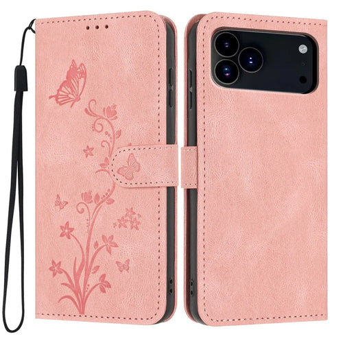 For iPhone 18 Pro / 17 Pro Wallet Case Butterfly Flower Imprint PU Leather Phone Cover with Wrist Strap - Pink - 1