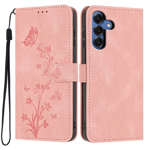 For Samsung Galaxy S26 Wallet Case Butterfly Flower Imprint PU Leather Phone Cover with Wrist Strap - Pink - 1