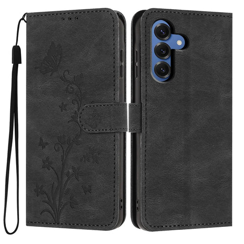 For Samsung Galaxy S26+ Wallet Case Butterfly Flower Imprint PU Leather Phone Cover with Wrist Strap - Black - 1