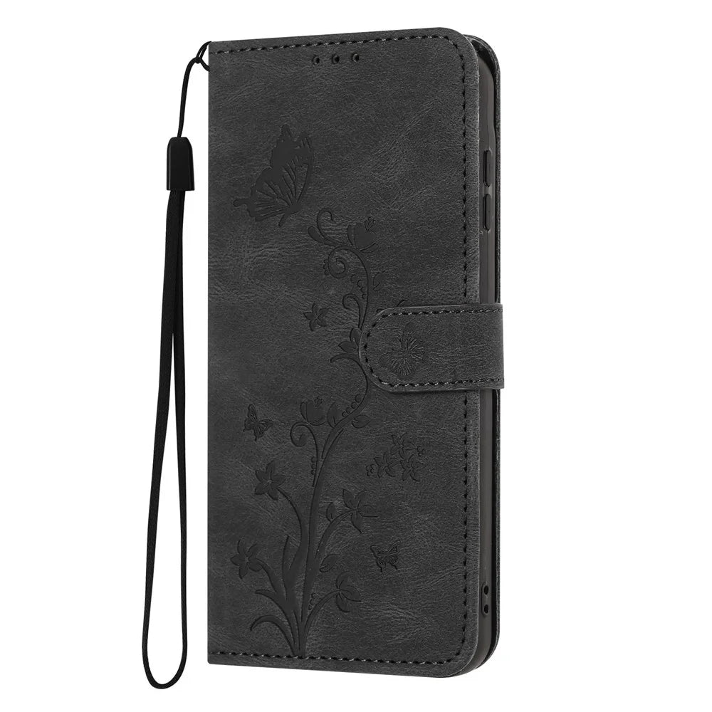 For Samsung Galaxy S26+ Wallet Case Butterfly Flower Imprint PU Leather Phone Cover with Wrist Strap - Black - 7