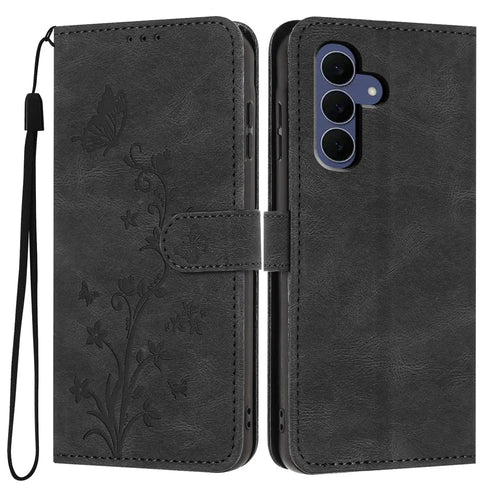 For Samsung Galaxy S26 FE Wallet Case Butterfly Flower Imprint PU Leather Phone Cover with Wrist Strap - Black - 1