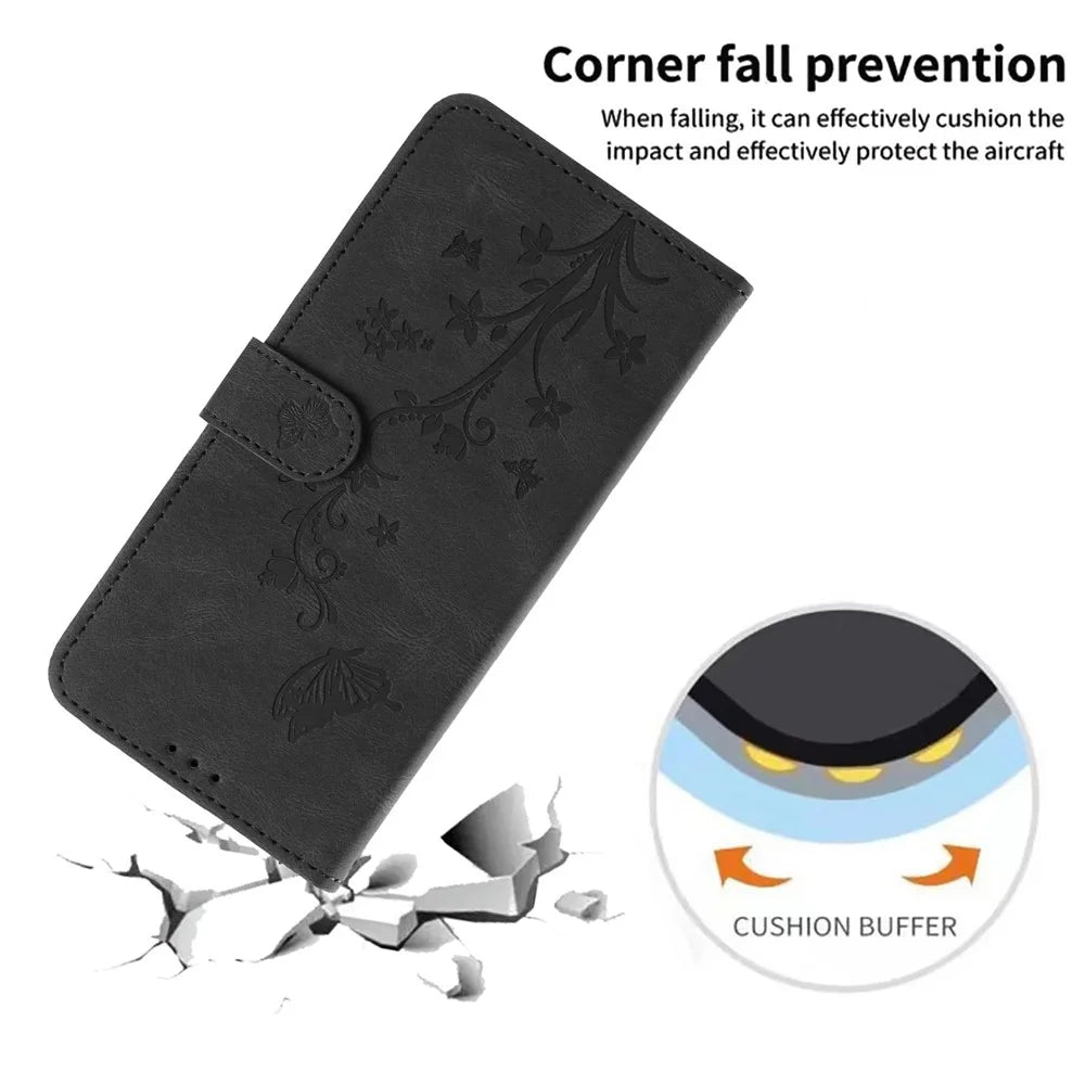For Samsung Galaxy S26 FE Wallet Case Butterfly Flower Imprint PU Leather Phone Cover with Wrist Strap - Black - 5