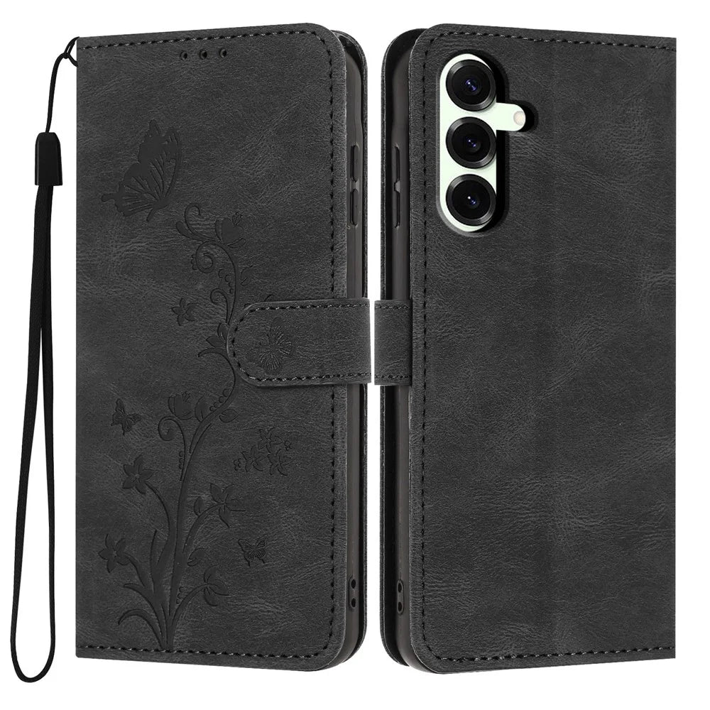 For Samsung Galaxy S25+ Wallet Case Butterfly Flower Imprint PU Leather Phone Cover with Wrist Strap - Black - 1