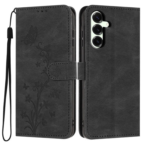 For Samsung Galaxy S25+ Wallet Case Butterfly Flower Imprint PU Leather Phone Cover with Wrist Strap - Black - 1