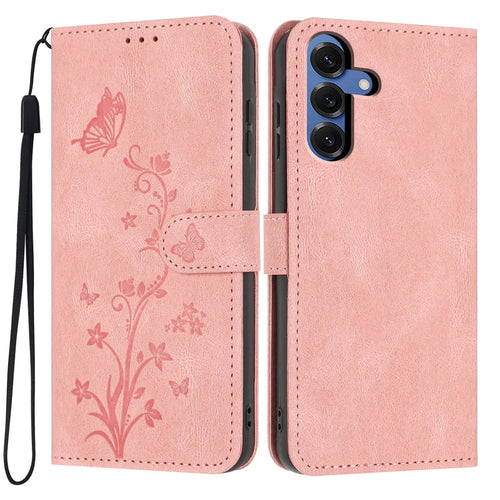 For Samsung Galaxy S25 Wallet Case Butterfly Flower Imprint PU Leather Phone Cover with Wrist Strap - Pink - 1
