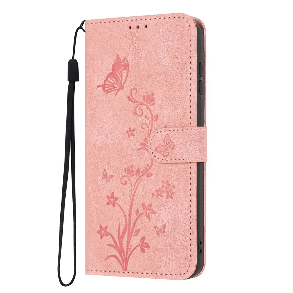 For Samsung Galaxy S25 Wallet Case Butterfly Flower Imprint PU Leather Phone Cover with Wrist Strap - Pink - 7