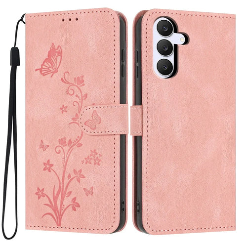 For Samsung Galaxy S25 FE Wallet Case Butterfly Flower Imprint PU Leather Phone Cover with Wrist Strap - Pink - 1