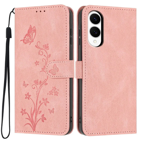 For Samsung Galaxy S25 Edge Wallet Case Butterfly Flower Imprint PU Leather Phone Cover with Wrist Strap - Pink - 1