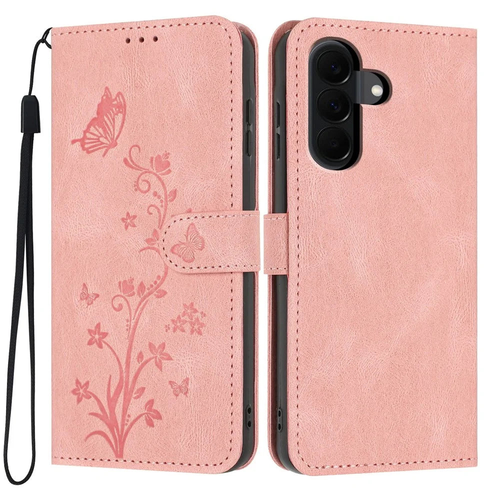 For Samsung Galaxy A37 5G Wallet Case Butterfly Flower Imprint PU Leather Phone Cover with Wrist Strap - Pink - 1