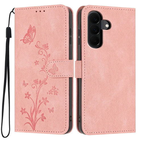 For Samsung Galaxy A37 5G Wallet Case Butterfly Flower Imprint PU Leather Phone Cover with Wrist Strap - Pink - 1