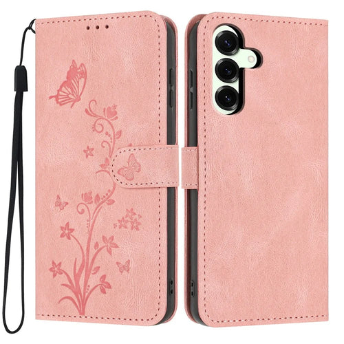 For Samsung Galaxy A36 5G Wallet Case Butterfly Flower Imprint PU Leather Phone Cover with Wrist Strap - Pink - 1
