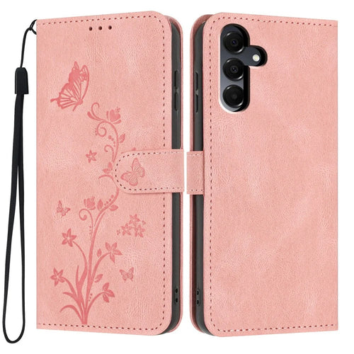 For Samsung Galaxy A25 5G (Global) (161mm) Wallet Case Butterfly Flower Imprint PU Leather Phone Cover with Wrist Strap - Pink - 1