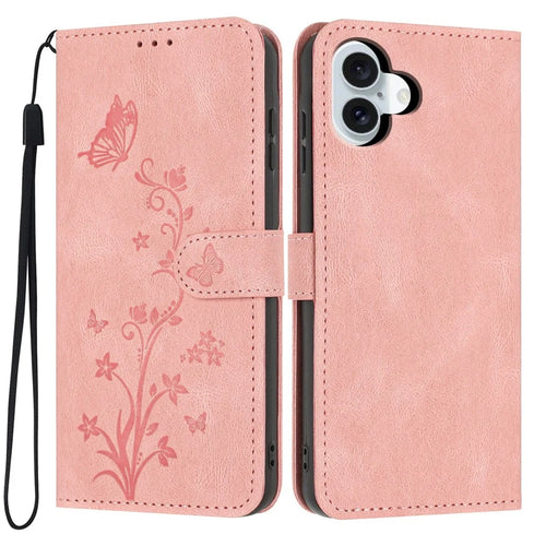 For iPhone 17 Wallet Case Butterfly Flower Imprint PU Leather Phone Cover with Wrist Strap - Pink - 1