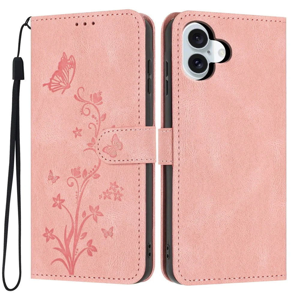 For iPhone 17 Wallet Case Butterfly Flower Imprint PU Leather Phone Cover with Wrist Strap - Pink - 1