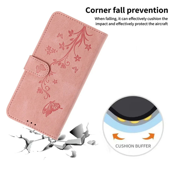 For iPhone 17 Wallet Case Butterfly Flower Imprint PU Leather Phone Cover with Wrist Strap - Pink - 4