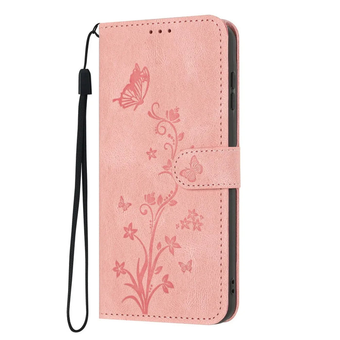 For iPhone 17 Wallet Case Butterfly Flower Imprint PU Leather Phone Cover with Wrist Strap - Pink - 7