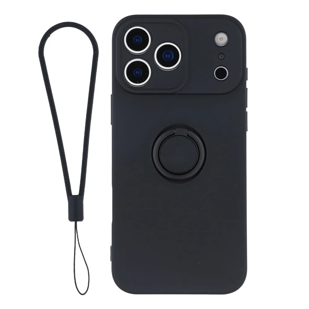 For iPhone 18 Pro Max / 17 Pro Max Silicone Case with Strap Ring Kickstand Phone Cover - Black - 1