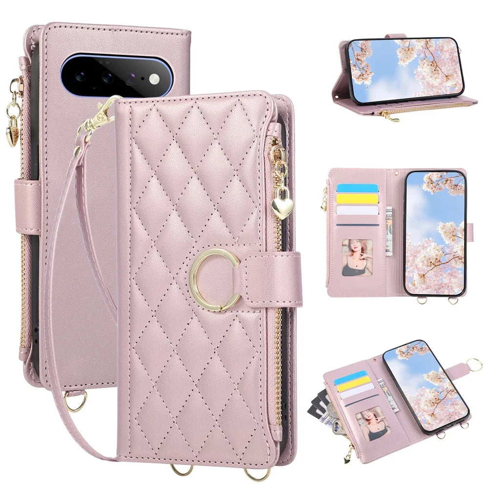 For Google Pixel 11 Case Magnetic Ring Buckle Zipper Pocket Rhombic Leather Phone Cover with Wrist Strap - Pink - 1