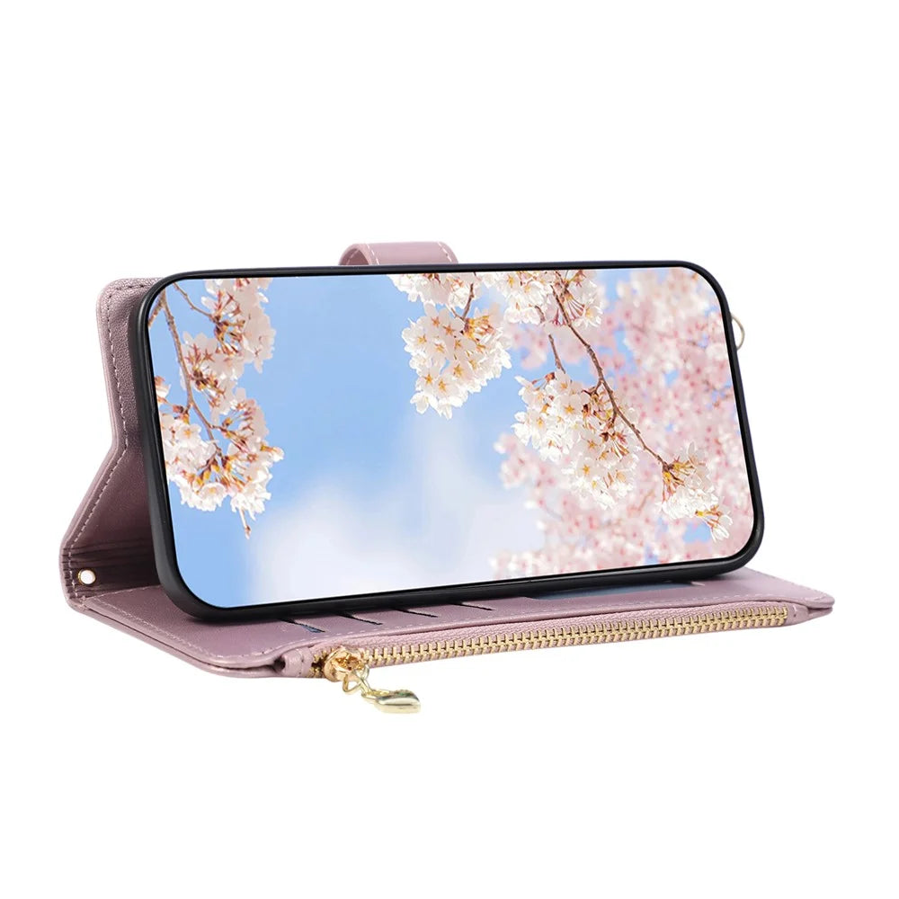 For Google Pixel 11 Case Magnetic Ring Buckle Zipper Pocket Rhombic Leather Phone Cover with Wrist Strap - Pink - 3