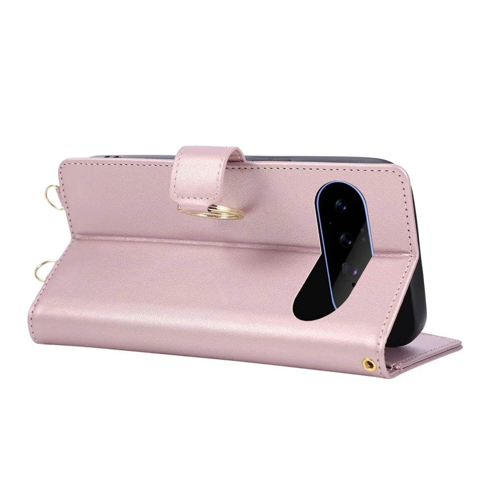 For Google Pixel 11 Case Magnetic Ring Buckle Zipper Pocket Rhombic Leather Phone Cover with Wrist Strap - Pink - 4