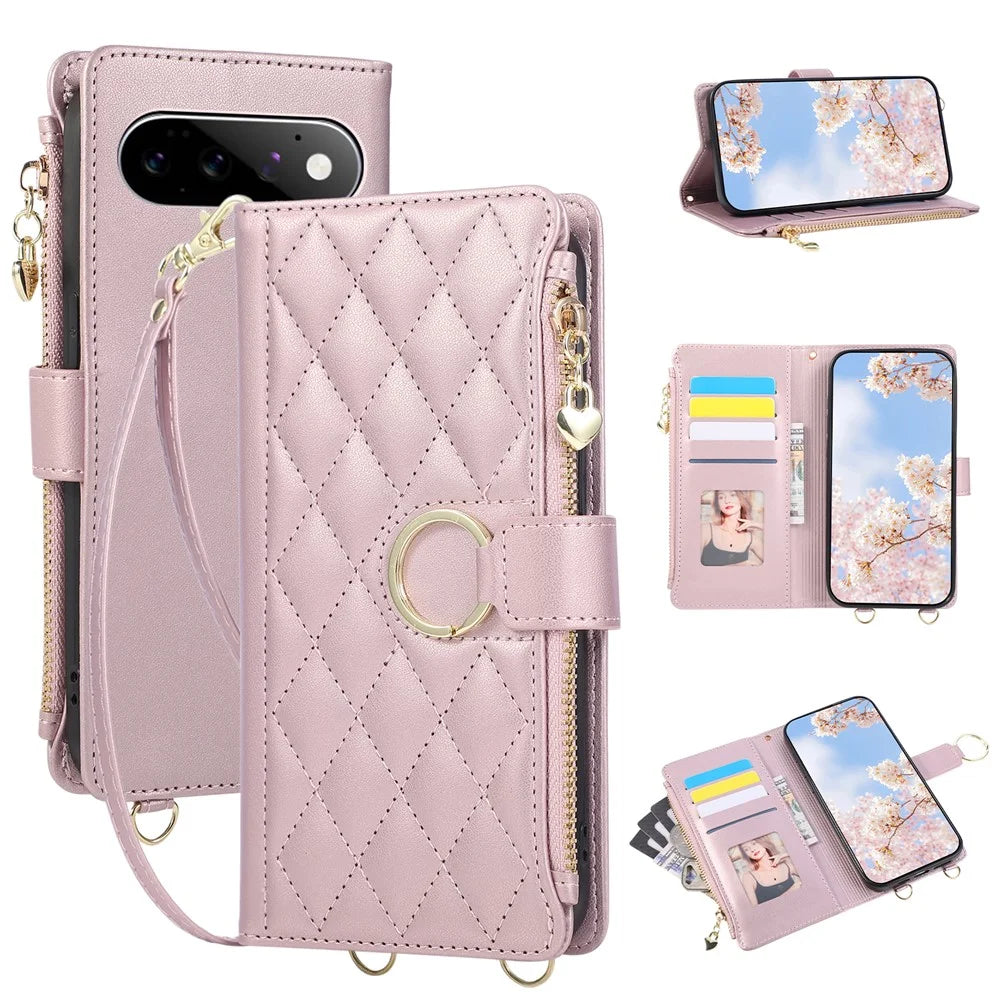 For Google Pixel 11 Pro Case Magnetic Ring Buckle Zipper Pocket Rhombic Leather Phone Cover with Wrist Strap - Pink - 1