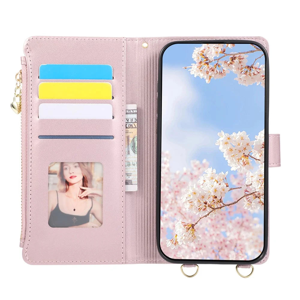 For Google Pixel 11 Pro Case Magnetic Ring Buckle Zipper Pocket Rhombic Leather Phone Cover with Wrist Strap - Pink - 2