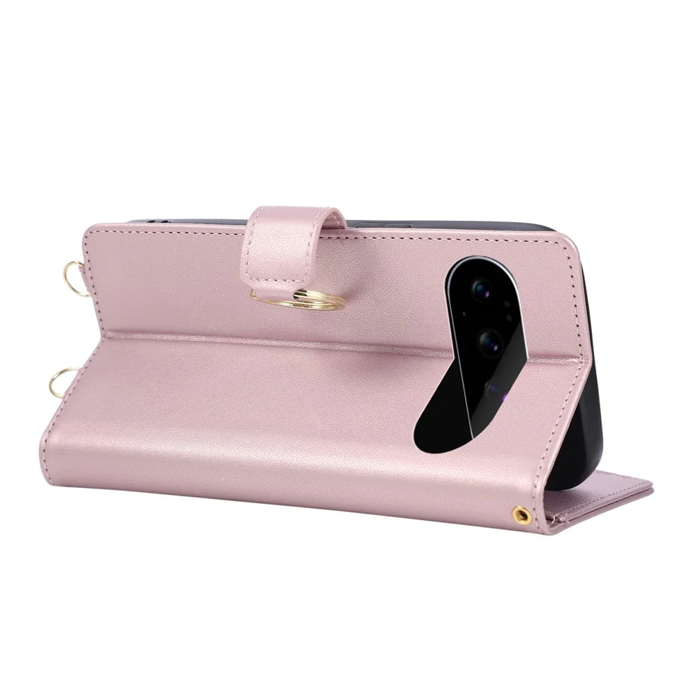 For Google Pixel 11 Pro Case Magnetic Ring Buckle Zipper Pocket Rhombic Leather Phone Cover with Wrist Strap - Pink - 4