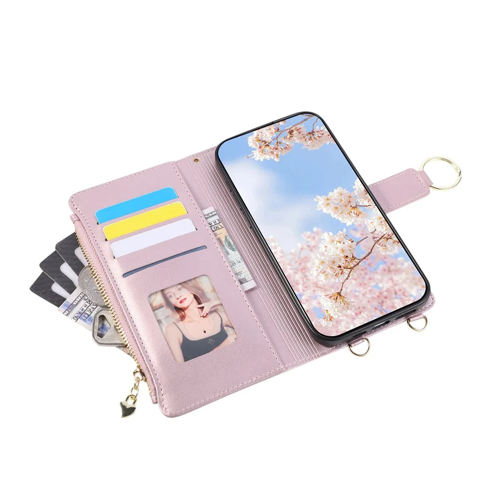 For Google Pixel 11 Pro Case Magnetic Ring Buckle Zipper Pocket Rhombic Leather Phone Cover with Wrist Strap - Pink - 5