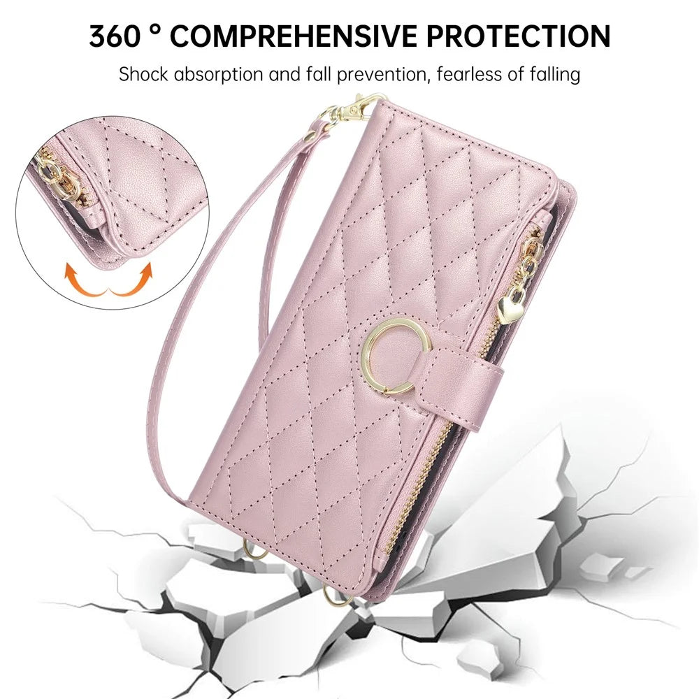 For Google Pixel 11 Pro Case Magnetic Ring Buckle Zipper Pocket Rhombic Leather Phone Cover with Wrist Strap - Pink - 7