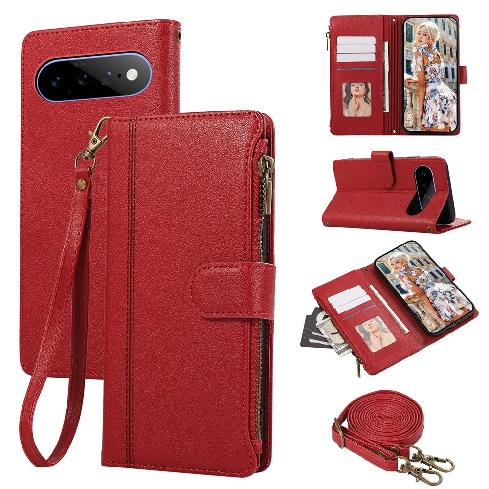 For Google Pixel 11 Case Card Slots Leather Phone Cover with Shoulder Strap / Wrist Strap - Red - 1