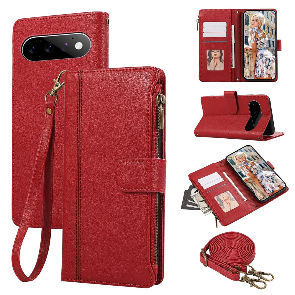For Google Pixel 11 Pro XL Case Card Slots Leather Phone Cover with Shoulder Strap / Wrist Strap - Red - 1