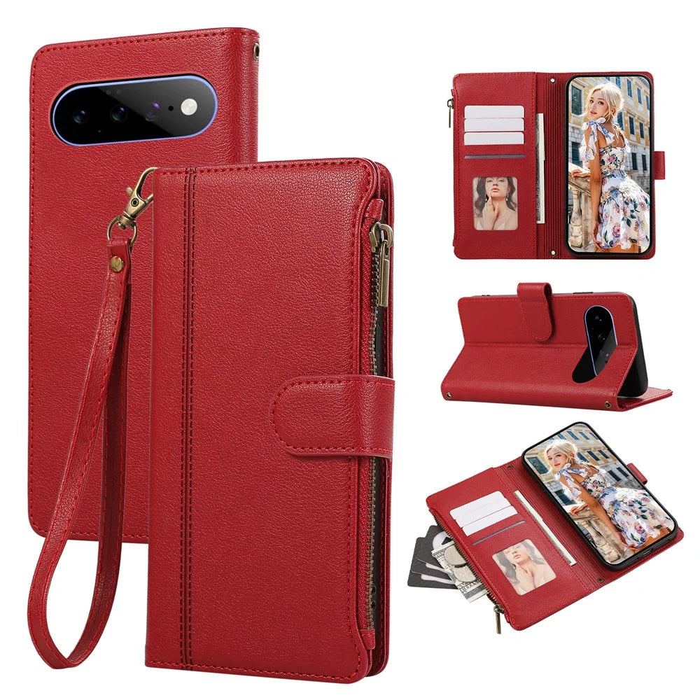 For Google Pixel 11 Case Multi Card Slots Zipper Leather Phone Cover with Wrist Strap - Red - 1