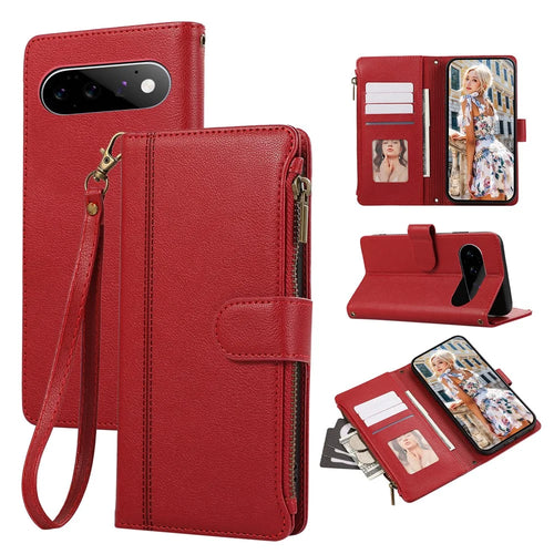 For Google Pixel 11 Pro Case Multi Card Slots Zipper Leather Phone Cover with Wrist Strap - Red - 1