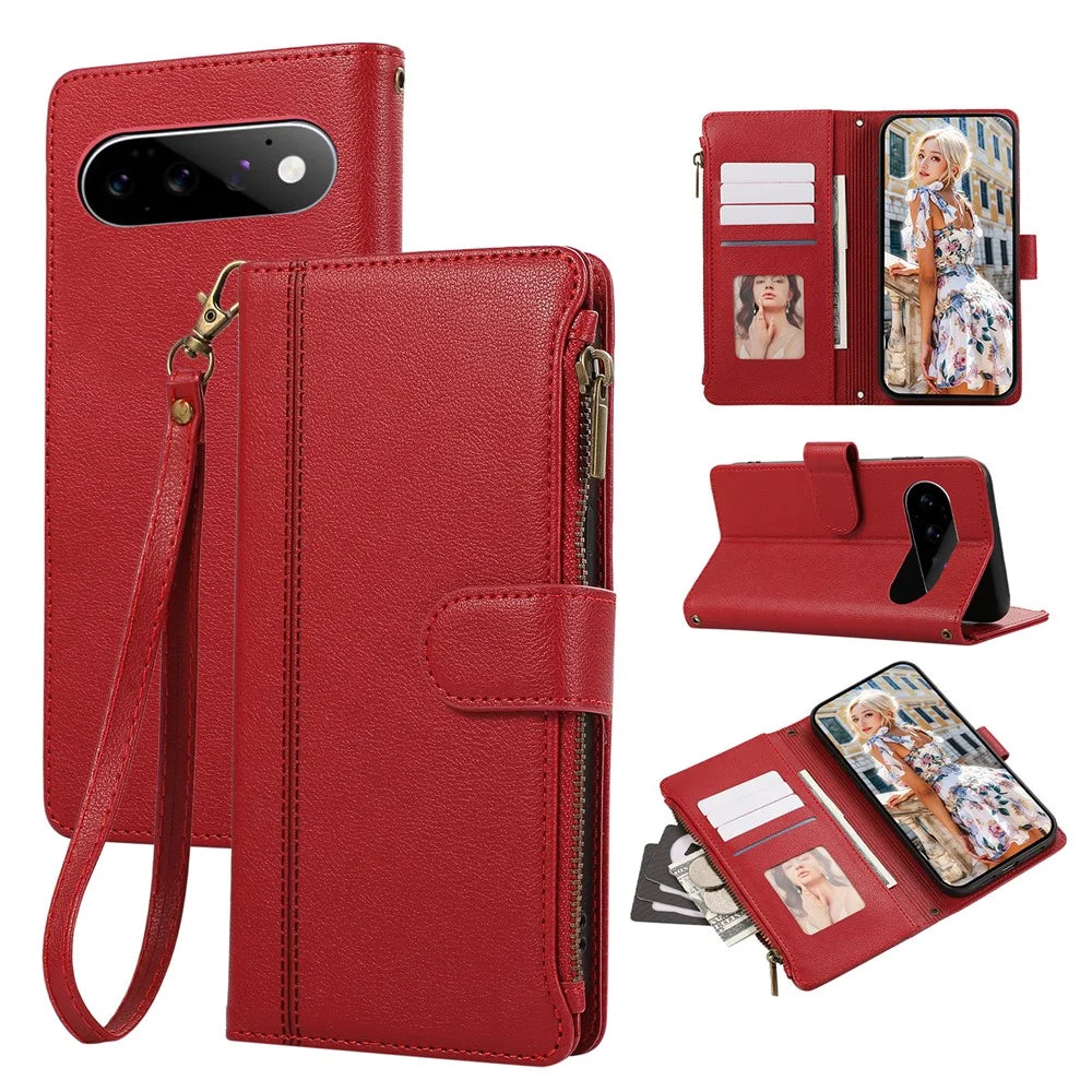 For Google Pixel 11 Pro Case Multi Card Slots Zipper Leather Phone Cover with Wrist Strap - Red - 1