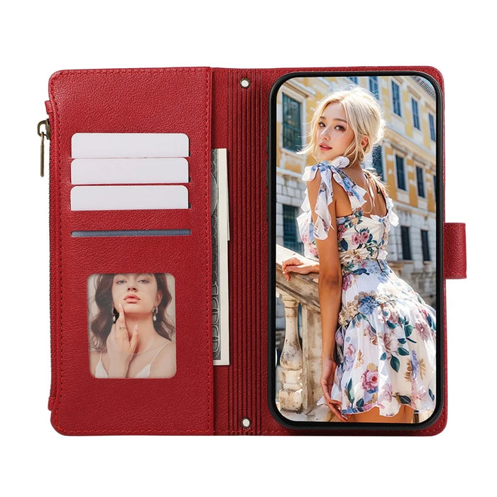 For Google Pixel 11 Pro Case Multi Card Slots Zipper Leather Phone Cover with Wrist Strap - Red - 2