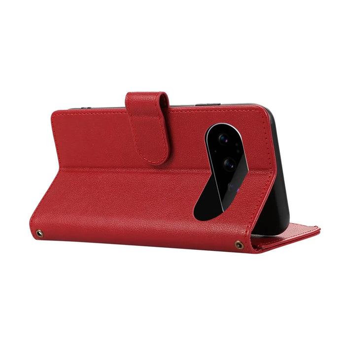 For Google Pixel 11 Pro Case Multi Card Slots Zipper Leather Phone Cover with Wrist Strap - Red - 4