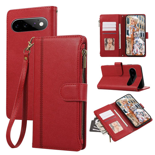 For Google Pixel 11 Pro XL Case Multi Card Slots Zipper Leather Phone Cover with Wrist Strap - Red - 1
