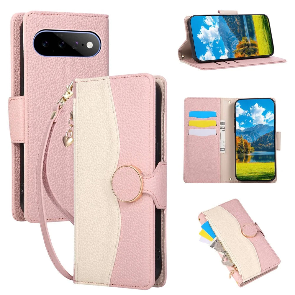 For Google Pixel 11 Case Zipper Wallet Color Splicing TPU PU Leather Flip Phone Cover with Strap - Pink - 1