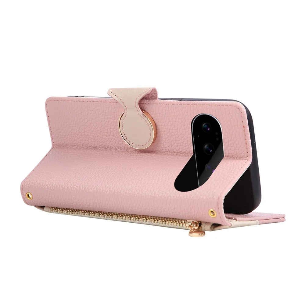 For Google Pixel 11 Pro Case Zipper Wallet Color Splicing TPU PU Leather Flip Phone Cover with Strap - Pink - 4