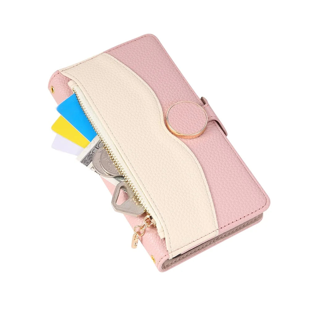 For Google Pixel 11 Pro Case Zipper Wallet Color Splicing TPU PU Leather Flip Phone Cover with Strap - Pink - 5