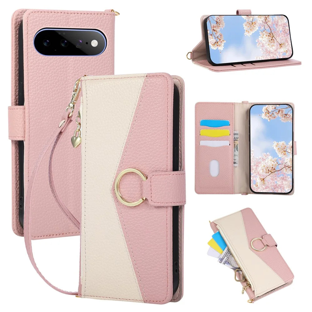 For Google Pixel 11 Wallet Case Triangular Splicing Zipper Leather Flip Cover with Wrist Strap - Pink - 1