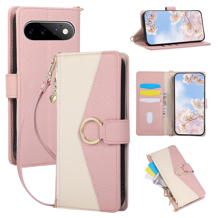 For Google Pixel 11 Pro XL Wallet Case Triangular Splicing Zipper Leather Flip Cover with Wrist Strap - Pink - 1