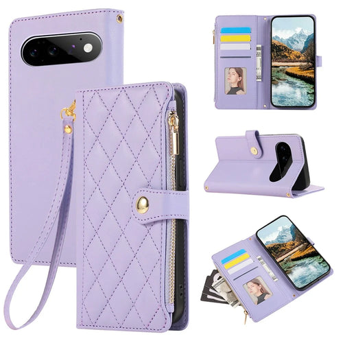 For Google Pixel 11 Pro Case Multi Card Slots Zipper Rhombus Leather Phone Cover with Wrist Strap - Purple - 1