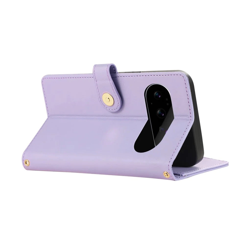 For Google Pixel 11 Pro Case Multi Card Slots Zipper Rhombus Leather Phone Cover with Wrist Strap - Purple - 4