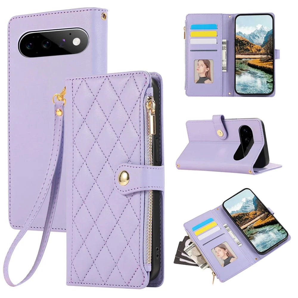 For Google Pixel 11 Pro XL Case Multi Card Slots Zipper Rhombus Leather Phone Cover with Wrist Strap - Purple - 1
